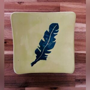Ceramic Plate with Blue Feather Design